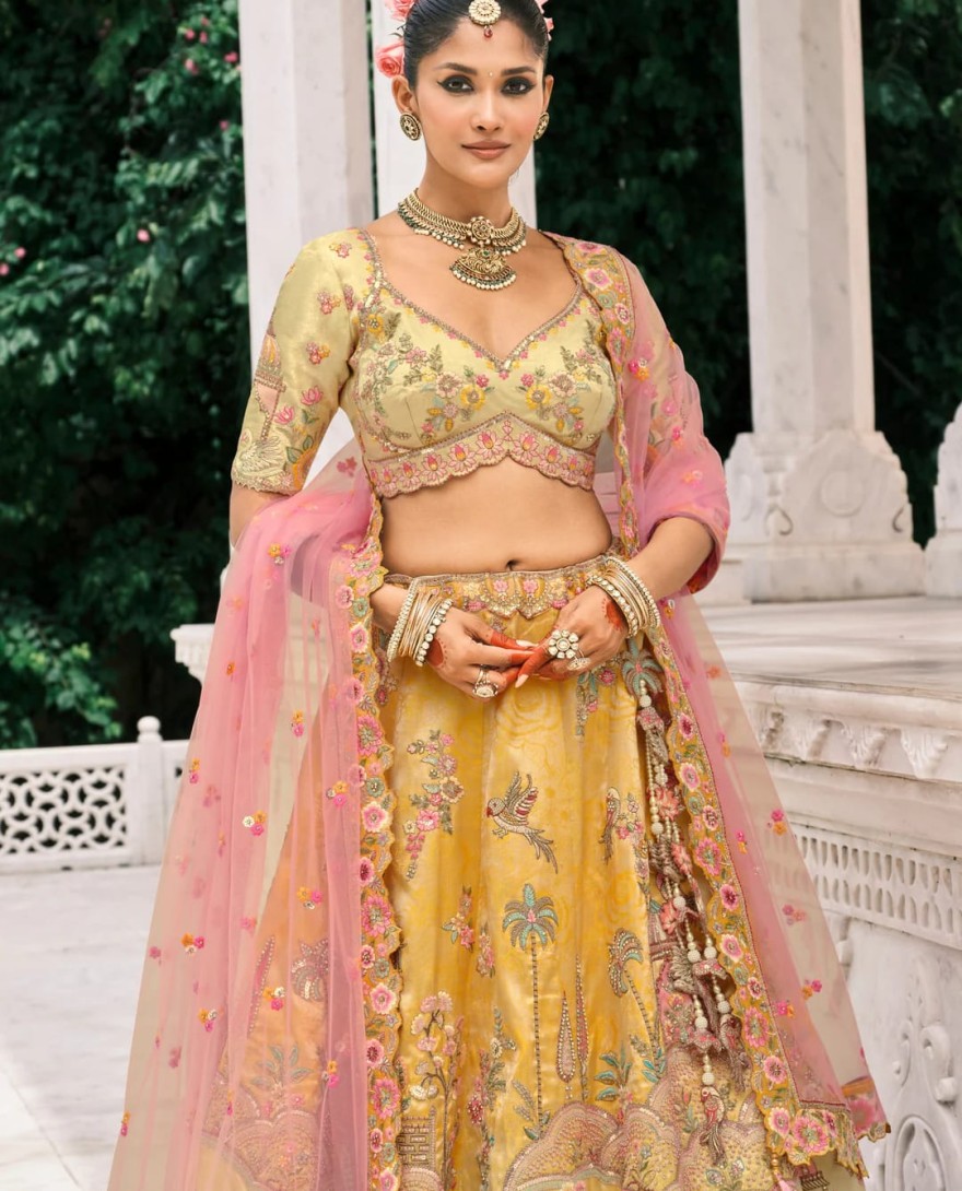 YELLOW - Corn Yellow Fancy Silk Lehenga Choli With Cut Work Embroidery Border & Stone Work